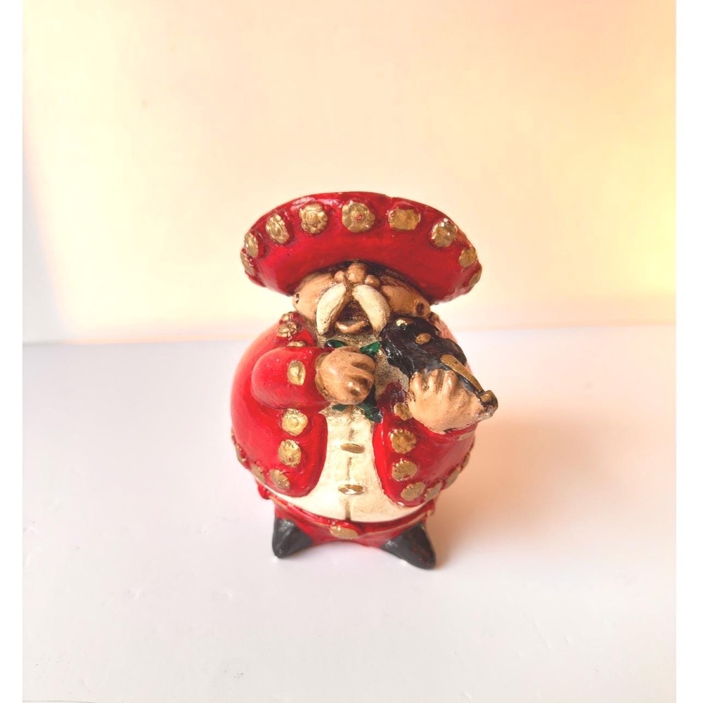 Vintage Chalkware Mariachi Musician Figurine Red Gold Sombrero Violin 4.5 inch